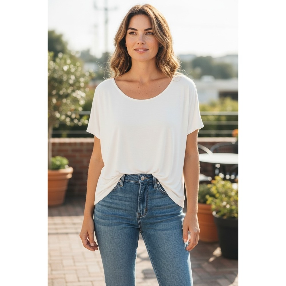 Chico's Minimalistic White Boat Scoop Neck Top Fluid Drape Dolman Tee Shirt SZ 3